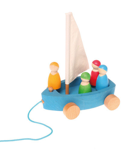 Grimm's, zabawka do ciągnięcia Duży jacht z 4 żeglarzami Grimm's