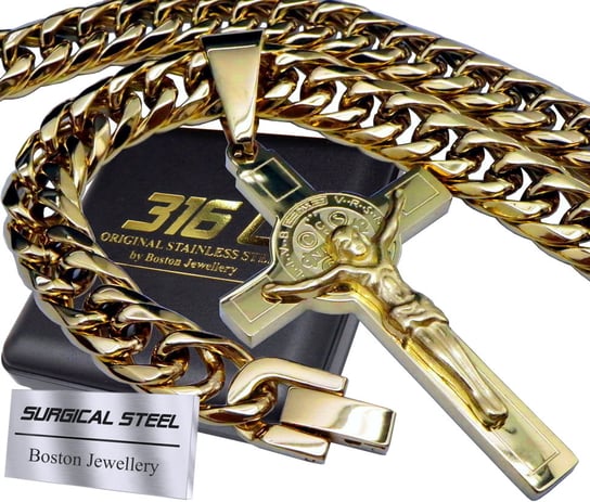 Gruby Złoty Łańcuch Łańcuszek Z Krzyżykiem Stal Chirurgiczna Premium 9Mm Boston Jewellery