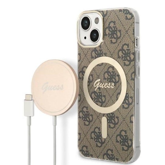 Guess Bundle Pack MagSafe 4G - Zestaw etui + ładowarka MagSafe iPhone 14 (brązowy/złoty) GUESS