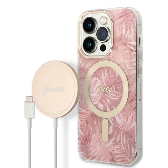 Guess Bundle Pack MagSafe IML Jungle - Zestaw etui + ładowarka MagSafe iPhone 14 Pro Max (różowy/złoty) GUESS