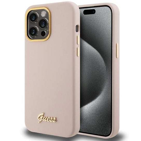 Guess Etui Obudowa Pokrowiec Case Do Iphone 15 Pro Max 6.7" Różowy/Pink Hardcase Silicone Script Metal Logo & Frame GUESS