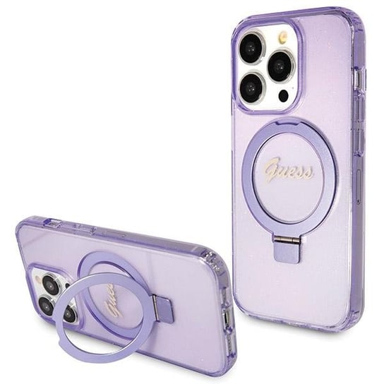 Guess Etui Obudowa Pokrowiec Do Iphone 13 Pro / 13 6.1" Fioletowy/Purple Hardcase Ring Stand Script Glitter Magsafe GUESS