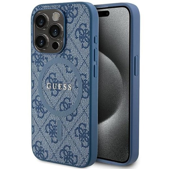 Guess etui obudowa pokrowiec do iPhone 14 Pro 6.1" niebieski/blue hardcase 4G Collection Leather Metal Logo MagSafe GUESS