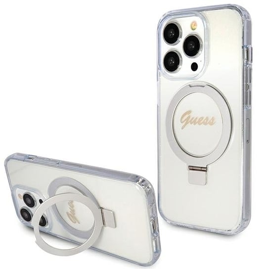 Guess Etui Obudowa Pokrowiec Do Iphone 15 Pro 6.1" Przezroczysty/Transparent Hardcase Ring Stand Script Glitter Magsafe GUESS