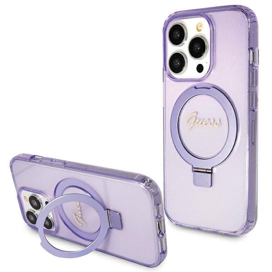 Guess Etui Obudowa Z Podstawką Pokrowiec Do Iphone 15 Pro Max 6.7" Fioletowy/Purple Hardcase Ring Stand Script Glitter Magsafe GUESS