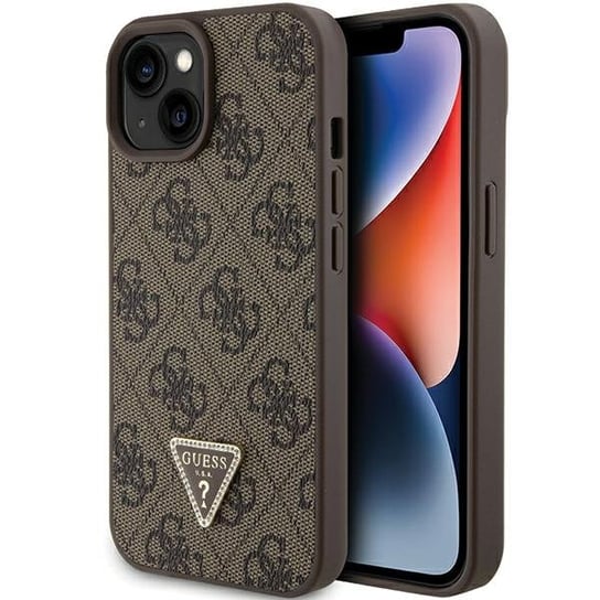 Guess etui Ochronne obudowa plecki do iPhone 15 6.1" brązowy/brown hardcase Leather 4G Triangle Strass GUESS