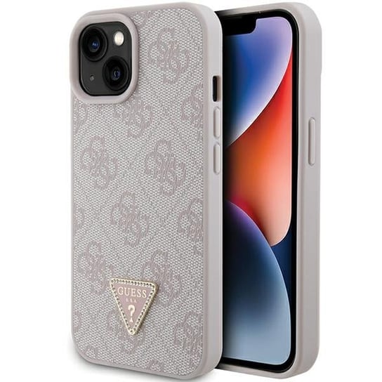 Guess etui Ochronne obudowa plecki do iPhone 15 6.1" różowy/pink hardcase Leather 4G Triangle Strass GUESS