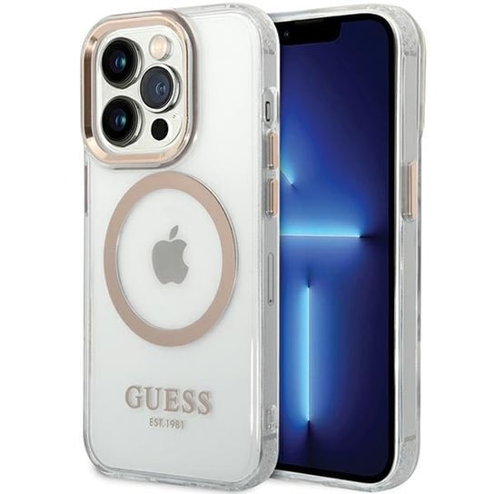 Guess Etui Pokrowiec Case Do Iphone 15 / 14 / 13 6.1" Złoty/Gold Hard Case Metal Outline Magsafe GUESS