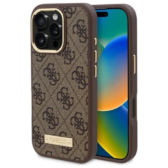 Guess etui pokrowiec obudowa case plecki do iPhone 16 Pro Max 6.9" br��zowy/brown hardcase 4G Logo Plate MagSafe GUESS