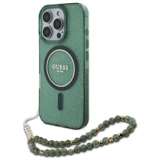 Guess etui pokrowiec obudowa case plecki do iPhone 16 Pro Max 6.9" zielony/green hardcase hardcase IML Glitter With Pearl Strap MagSafe GUESS