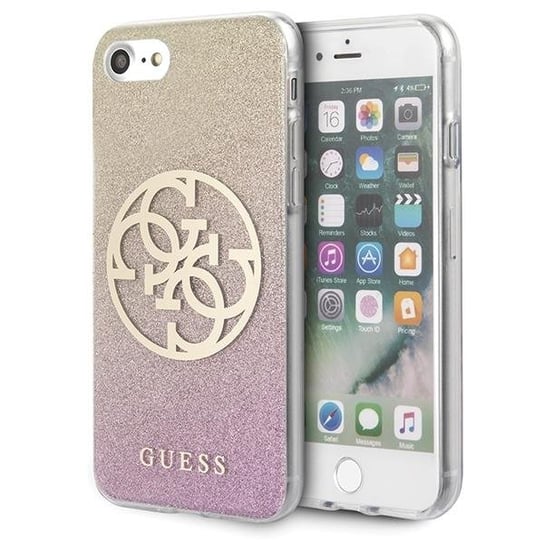 Guess GUHCI8PCUGLPGG, iPhone 7, 8, SE 2020 różowo-złoty, złoty, różowy hard, Etui, Glitter Gradient 4G Circle Logo GUESS