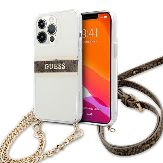 Guess GUHCP13LKC4GBGO iPhone 13 Pro / 13 6,1" Transparent hardcase 4G Brown Strap Gold Chain GUESS