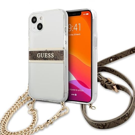 Guess GUHCP13SKC4GBGO iPhone 13 mini 5,4" Transparent hardcase 4G Brown Strap Gold Chain GUESS