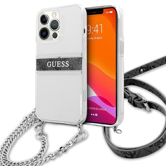 Guess GUHCP13XKC4GBSI iPhone 13 Pro Max 6,7" Transparent hardcase 4G Grey Strap Silver Chain GUESS