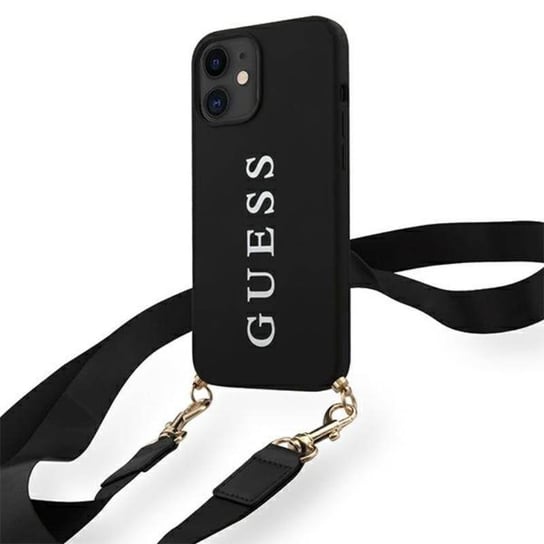 Guess HC Silicone Printed Logo + Strap - Etui z odpinaną smyczką iPhone 12 mini (czarny) GUESS