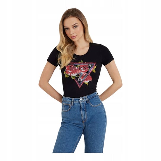 GUESS KOSZULKA DAMSKA T-SHIRT SS CN ROSES TRIANGLE CZARNA r.S GUESS