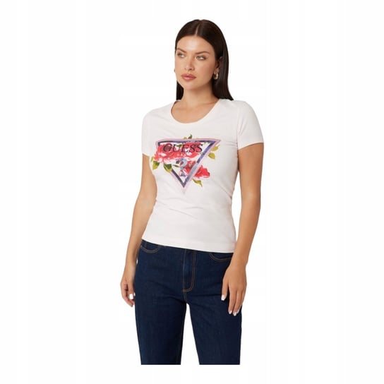 GUESS KOSZULKA DAMSKA T-SHIRT SS CN ROSES TRIANGLE RÓŻOWA r.M GUESS