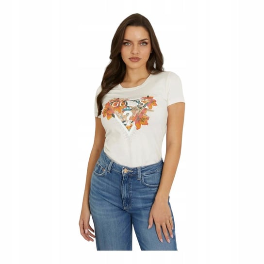 Guess Koszulka Damska T-Shirt Ss Cn Tropical Triangle Tee Ecru R.M GUESS