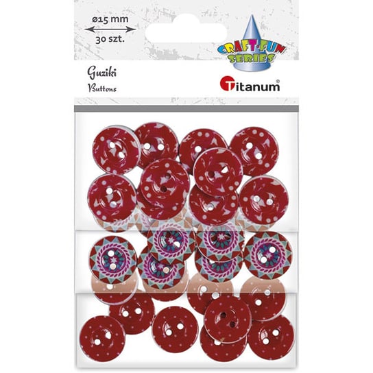 Guziki plastikowe, okrągłe 15mm, tonacja czerwona, 30 szt., Titanum Craft-Fun Series HASTA