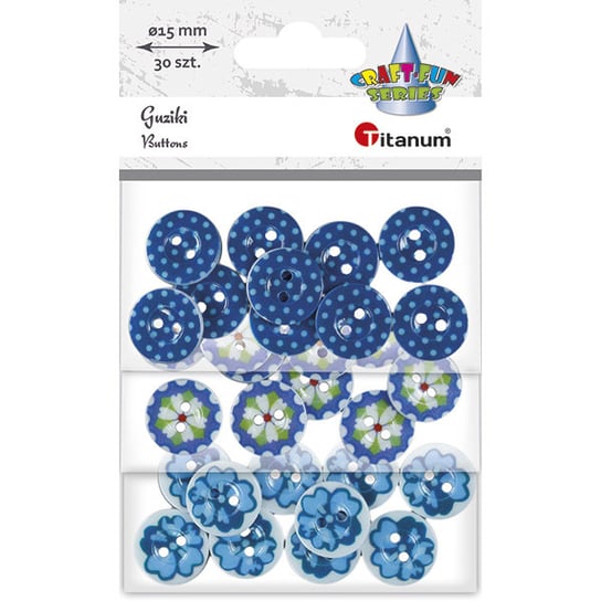 Guziki plastikowe, okrągłe 15mm, tonacja, niebieska 30 szt., Titanum Craft-Fun Series HASTA