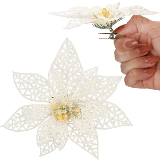 Gwiazda betlejemska biała z brokatem ażurowa na klipsie poinsecja sztuczny kwiat Springos
