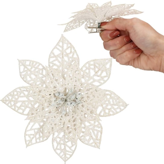 Gwiazda betlejemska biała z brokatem ażurowa na klipsie poinsecja sztuczny kwiat Springos