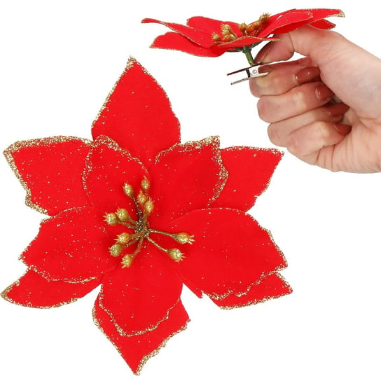 Gwiazda betlejemska czerwona z brokatem na klipsie poinsecja sztuczny kwiat Springos