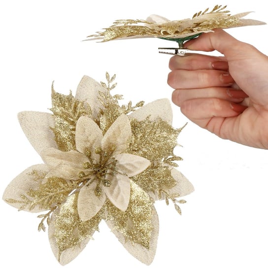 Gwiazda betlejemska kremowo-złota z brokatem na klipsie poinsecja sztuczny kwiat Springos