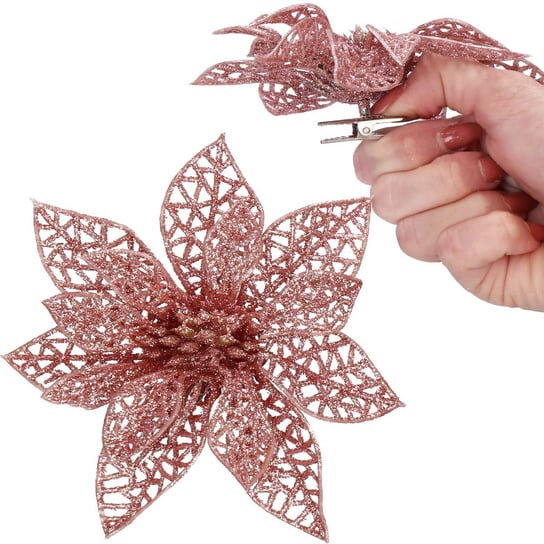 Gwiazda betlejemska różowa z brokatem ażurowa na klipsie poinsecja sztuczny kwiat Springos