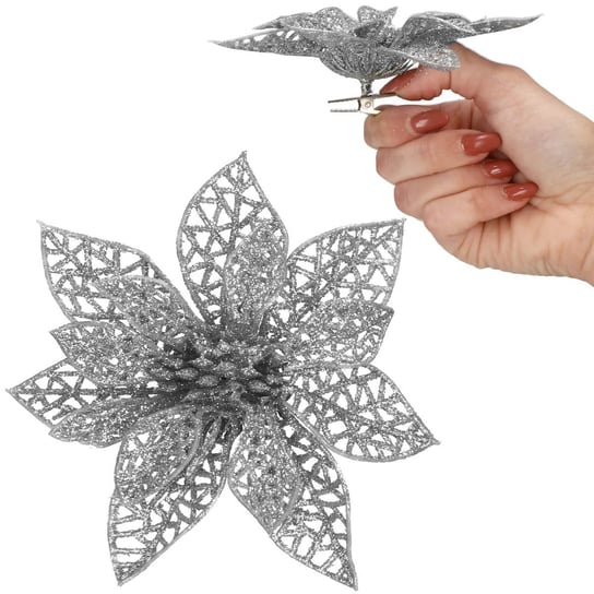 Gwiazda betlejemska srebrna z brokatem ażurowa na klipsie poinsecja sztuczny kwiat Springos