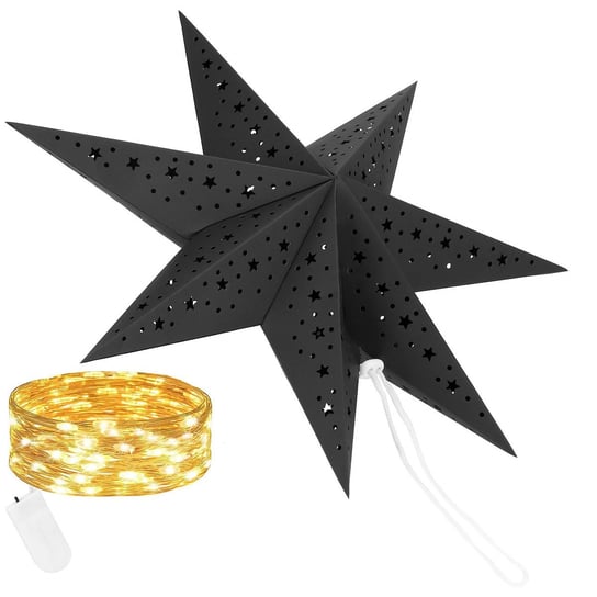 Gwiazda Papierowa Świąteczna 3D Ażurowa Czarna I Lampki Choinkowe 10 Led Ciepły Biały Springos
