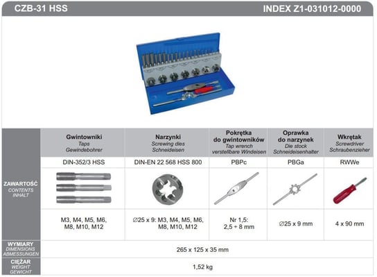 Gwintowniki i narzynki FANAR, M3-m12 czb-31 hss, komplet 31 elem FANAR