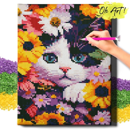 HAFT DIAMENTOWY 5D z RAMĄ Kotek w kwiatkach Diamond Painting Mozaika Dla Dzieci Zwierzęta Oh Art! Oh Art!