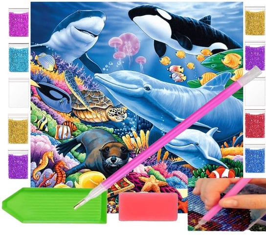 Haft diamentowy OBRAZ duży 30x30 Delfiny SKARBY OCEANU zabawki kreatywne plastyczne PakaNiemowlaka