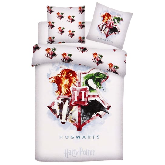 HARRY POTTER biały komplet pościeli z herbem Hogwartu 140x200 cm, certyfikat OEKO-TEX Harry Potter