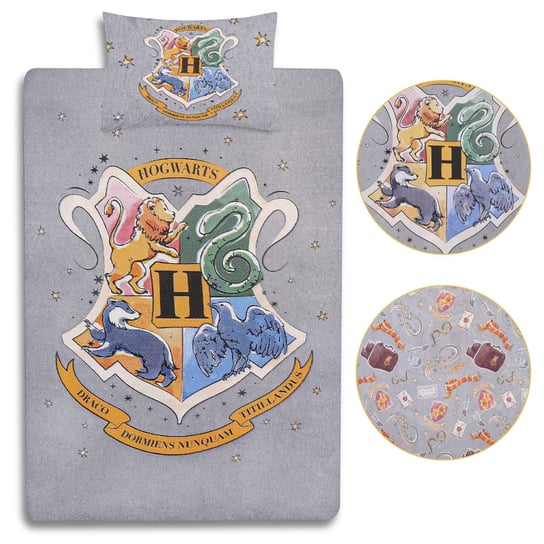 Harry Potter Hogwart Szary zestaw pościeli 135x200cm, dwustronny, łóżko jednoosobowe, certyfikat OEKO-TEX sarcia.eu