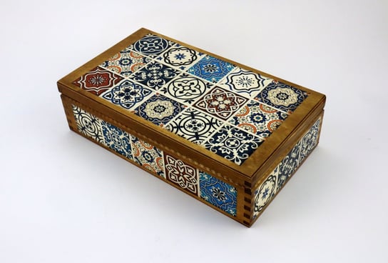 Herbaciarka, brązowe pudełko, skrzynka z 8 przegrodami. Wzór Azulejos kolorowe Krakowska Drewutnia