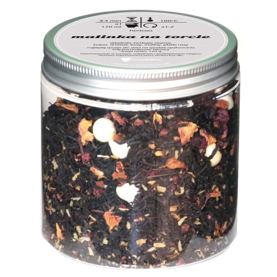 Herbata czarna MALINKA NA TORCIE najlepsza liściasta sypana 120g kokos bezy maliny płatki róży Cup&You