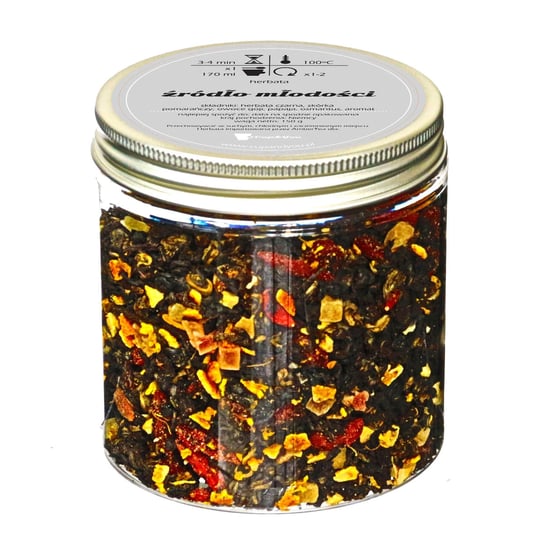 Herbata czarna ŹRÓDŁO MŁODOŚCI najlepsza liściasta sypana 150g skórka pomarańczy owoce goji papaja osmantus Cup&You