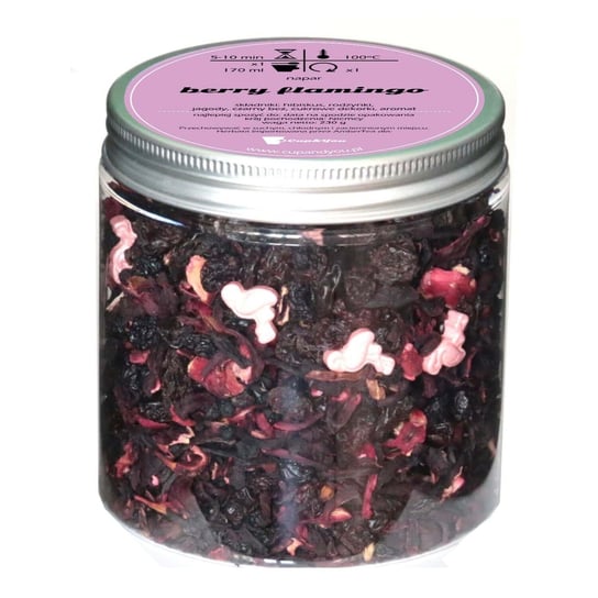 Herbata owocowa BERRY FLAMINGO najlepsza sypana napar 230g hibiskus rodzynki jagody czarny bez cukrowe dekorki Cup&You