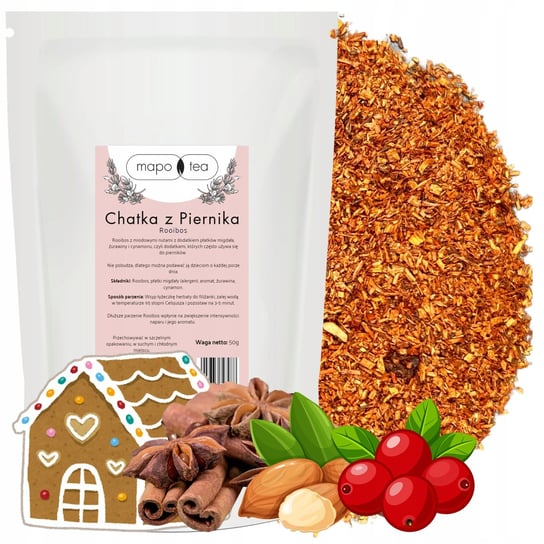 Herbata ROOIBOS Sypana CHATKA Z PIERNIKA Migdały Żurawina Cynamon 50g MaPo Tea