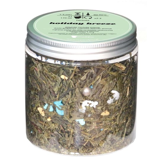 Herbata zielona HOLIDAY BREEZE najlepsza sypana liściasta 110g skórki grejpfruta cukrowe dekorki Cup&You