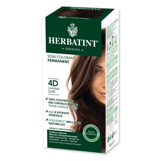 Herbatint, Trwała farba do włosów, 4D ZŁOTY KASZTAN seria złota HERBATINT