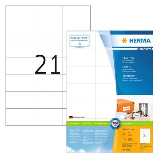 HERMA Etykiety samoprzylepne PREMIUM, 70x42,3 mm, 100 arkuszy A4 Herma