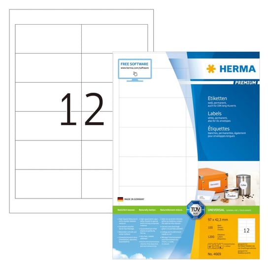 HERMA Etykiety samoprzylepne PREMIUM, 97x42,3 mm, 100 arkuszy A4 Herma