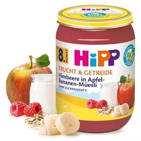 HiPP, Bio, mus owocowy maliny jabłka banany musli, 190 g Hipp