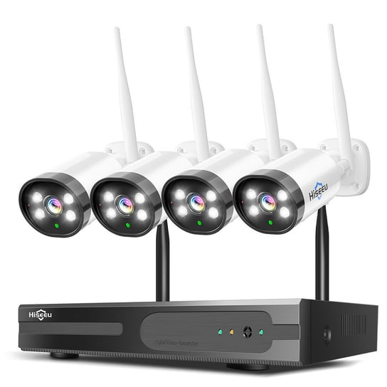 Hiseeu 10CH NVR 3MP WiFi Security System Kit, z 4 kamerami, wykrywaniem ludzi, noktowizorem w podczerwieni, 2-kierunkowym dźwiękiem, wodoodpornością IP66, pracą z Alexą, bez dysku twardego Hiseeu