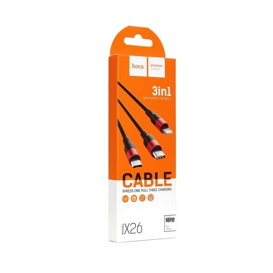 HOCO kabel USB 3w1 do iPhone Lightning 8-pin + Micro + Typ C X26 1 metr czarno-czerwony HOCO.