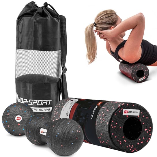 Hop-Sport, Zestaw dużych piłeczek do masażu+roller, czarno-czerwony Hop-Sport