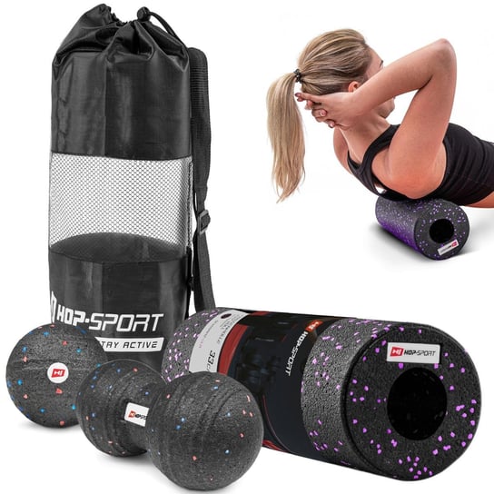Hop-Sport, Zestaw dużych piłeczek do masażu+roller, czarno-fioletowy Hop-Sport